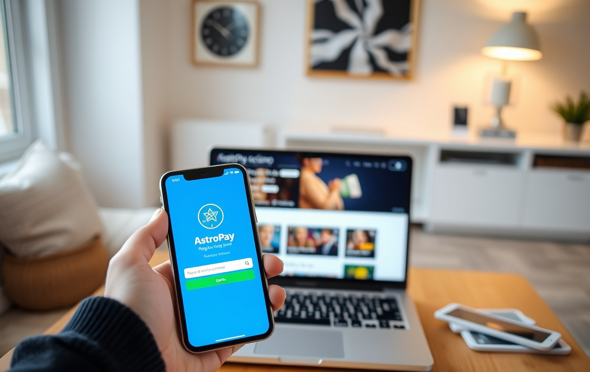 Person med mobiltelefon og AstroPay-appen foran en laptop med casino på skjermen