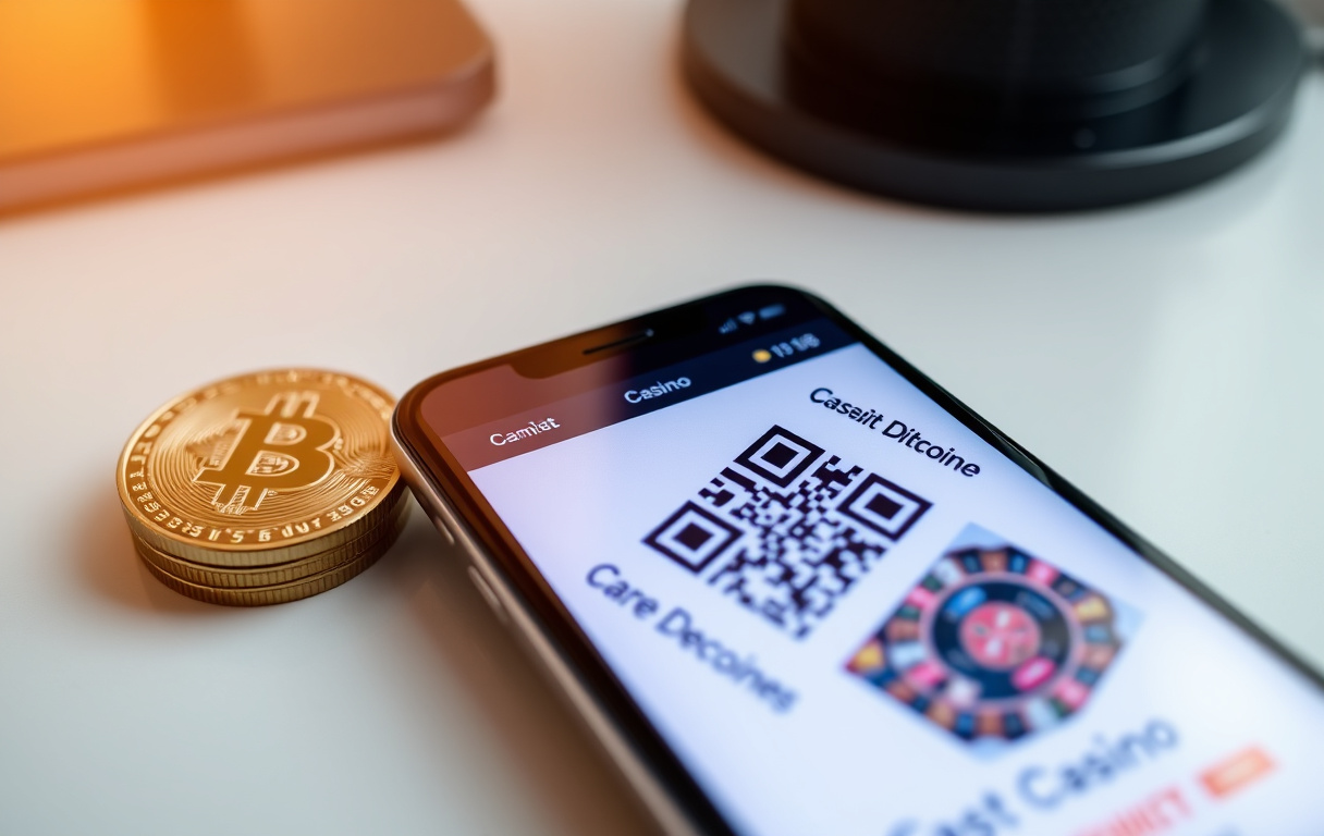 Smarttelefon med QR-kode for Bitcoin-innskudd på et nettcasino, ved siden av en fysisk Bitcoin-mynt.