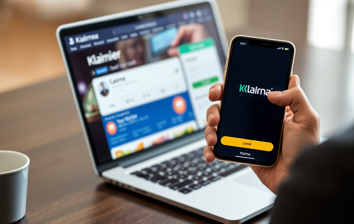Person som betaler på nettcasino med Klarna via mobil og laptop.