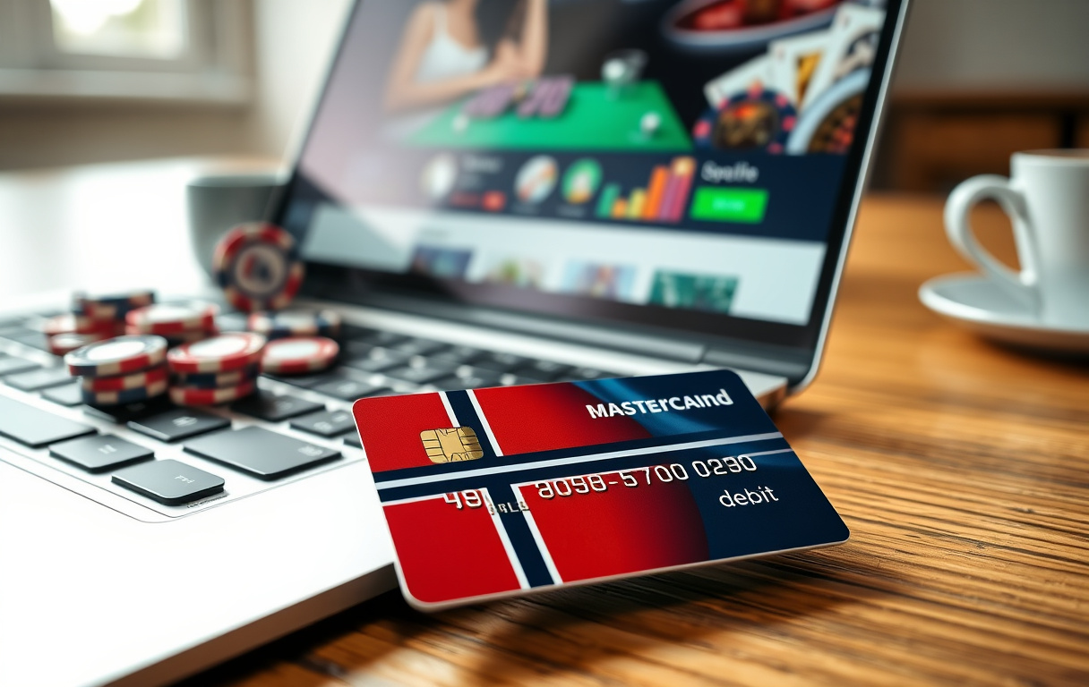 Mastercard-debetkort liggende på bordet ved siden av en datamaskin med et casino åpent på skjermen.