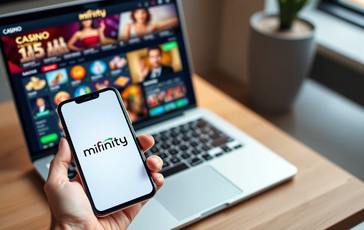Smarttelefon med MiFinity-logo ved siden av en laptop med et nettcasino – viser hvordan betalingsmetoden fungerer på mobil og PC.