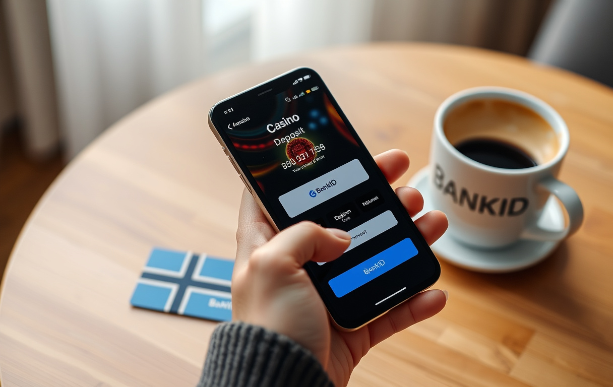 Person som holder en mobiltelefon med casinokasse og mobilbetaling valgt, ved siden av en kaffekopp og bankkort.