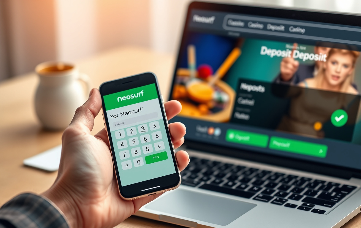 Hånd som holder mobiltelefon med Neosurf-kupong på skjermen, ved siden av laptop med casinoinnskudd