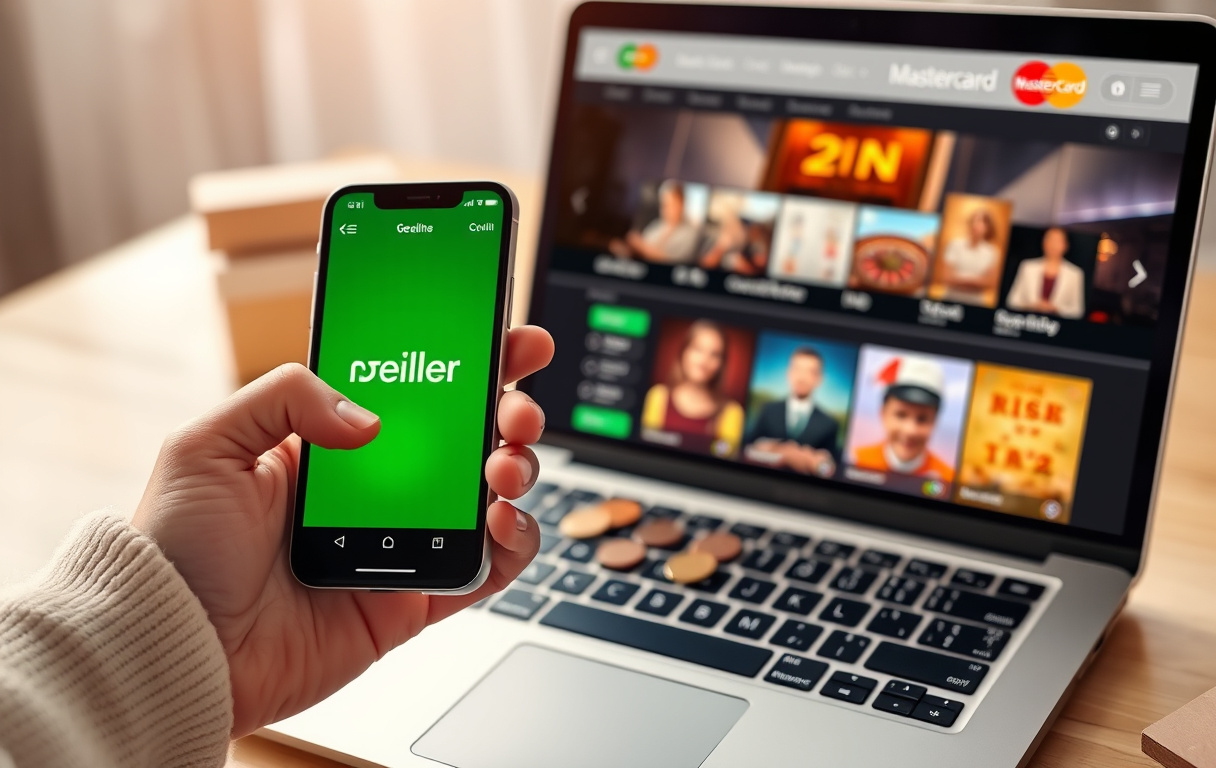 Person med Neteller-app på mobilen foran et casino på laptop