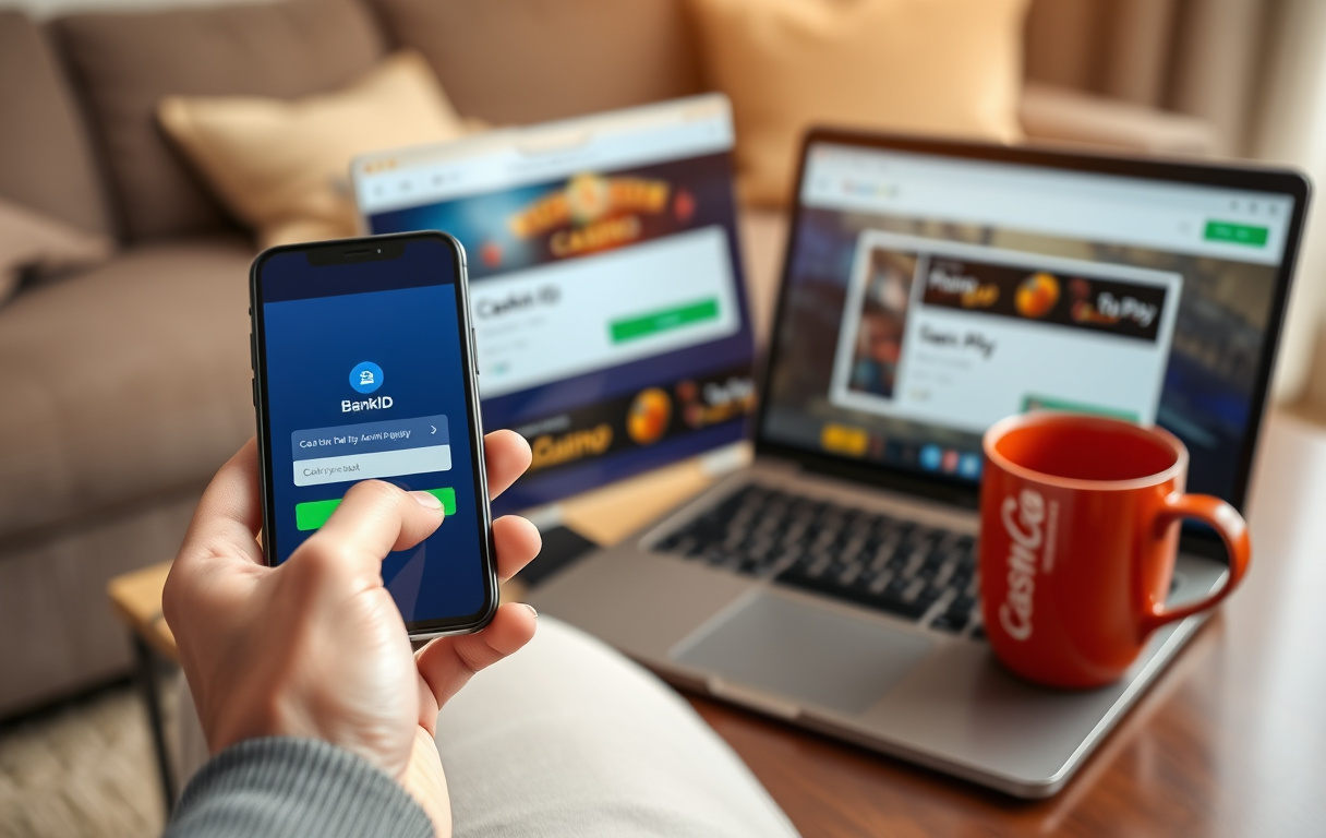 Person som logger inn med BankID på mobilen for å sette inn penger på et Pay n Play-casino