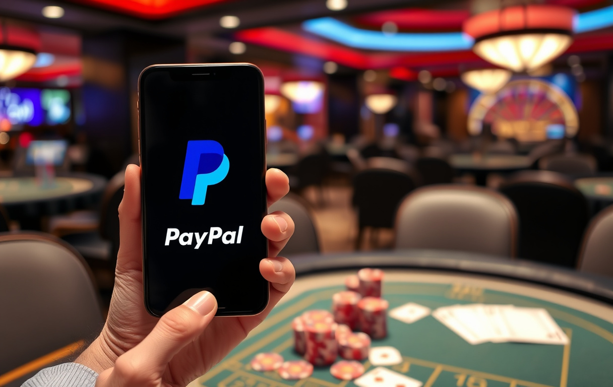 Person med PayPal-app på mobil ved casino-bord