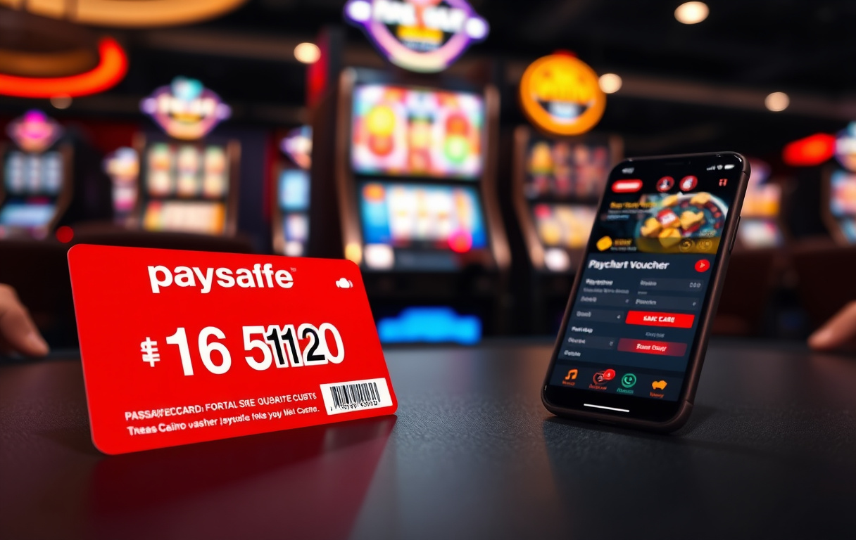 Paysafecard forhåndsbetalt kupong på casino-bord med mobiltelefon