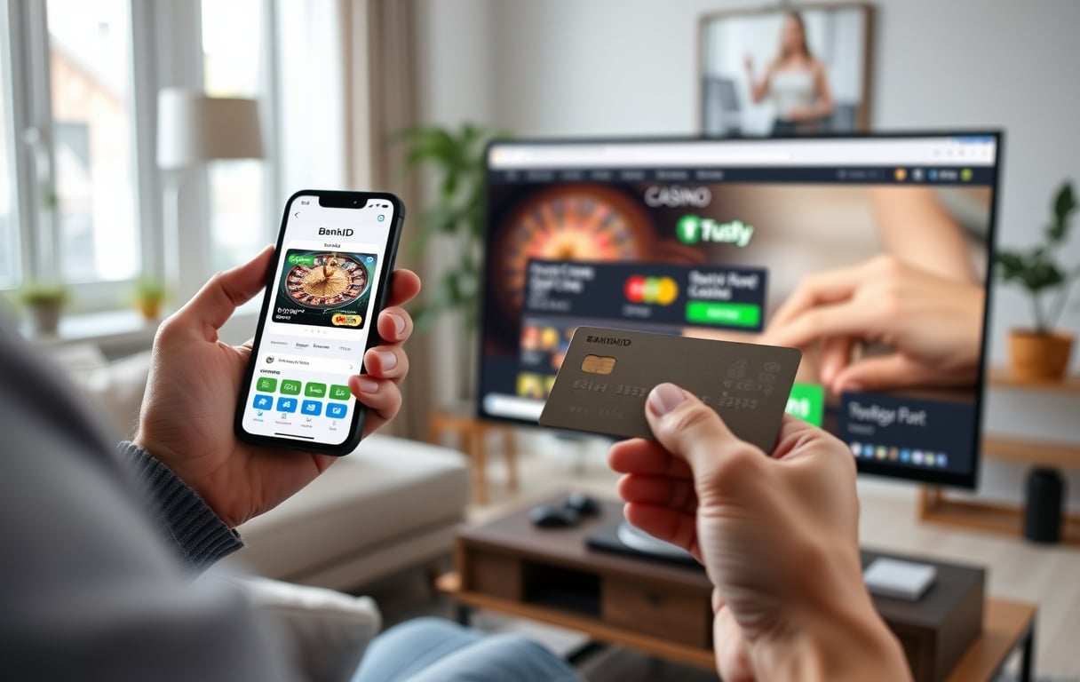Person med mobiltelefon som logger inn med BankID for å betale på nettcasino med Trustly