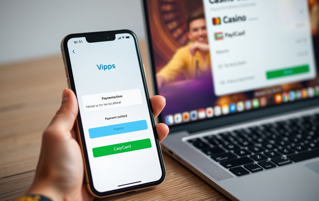 Smarttelefon med Vipps-app ved siden av laptop med casinoinnskudd via Paysafecard.