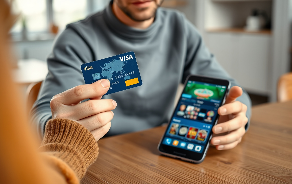 Person med Visa-kort og mobil med casinospill på skjermen