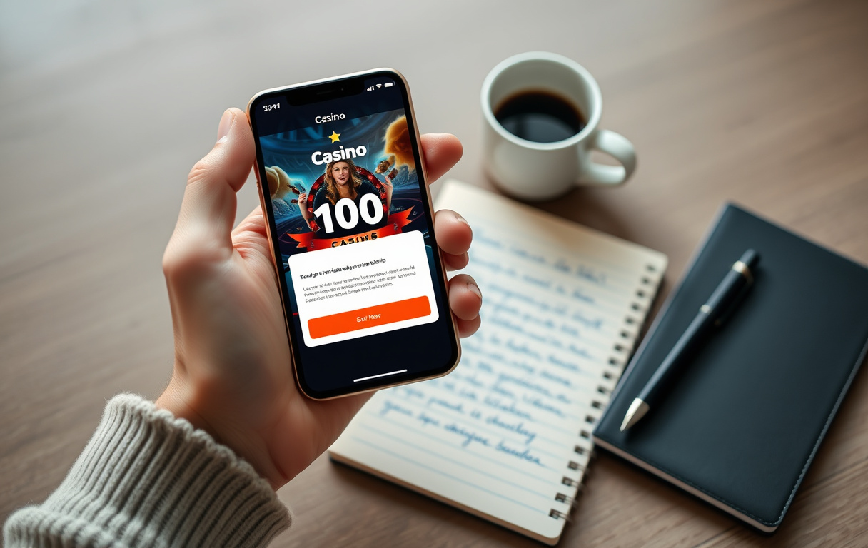 Norsk spiller med mobiltelefon som viser 100 kr gratis bonus fra nettcasino