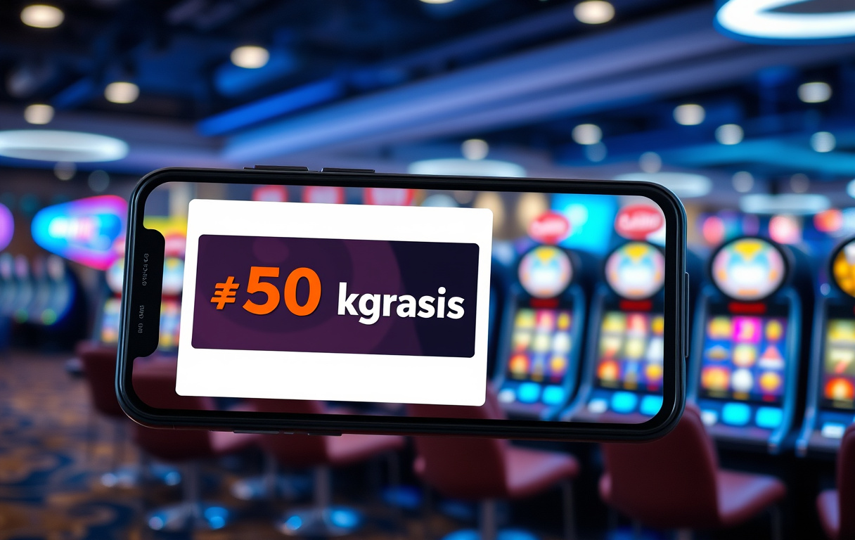 Mobilskjerm med 50 kr gratis casino bonus uten innskudd og spilleautomater i bakgrunnen