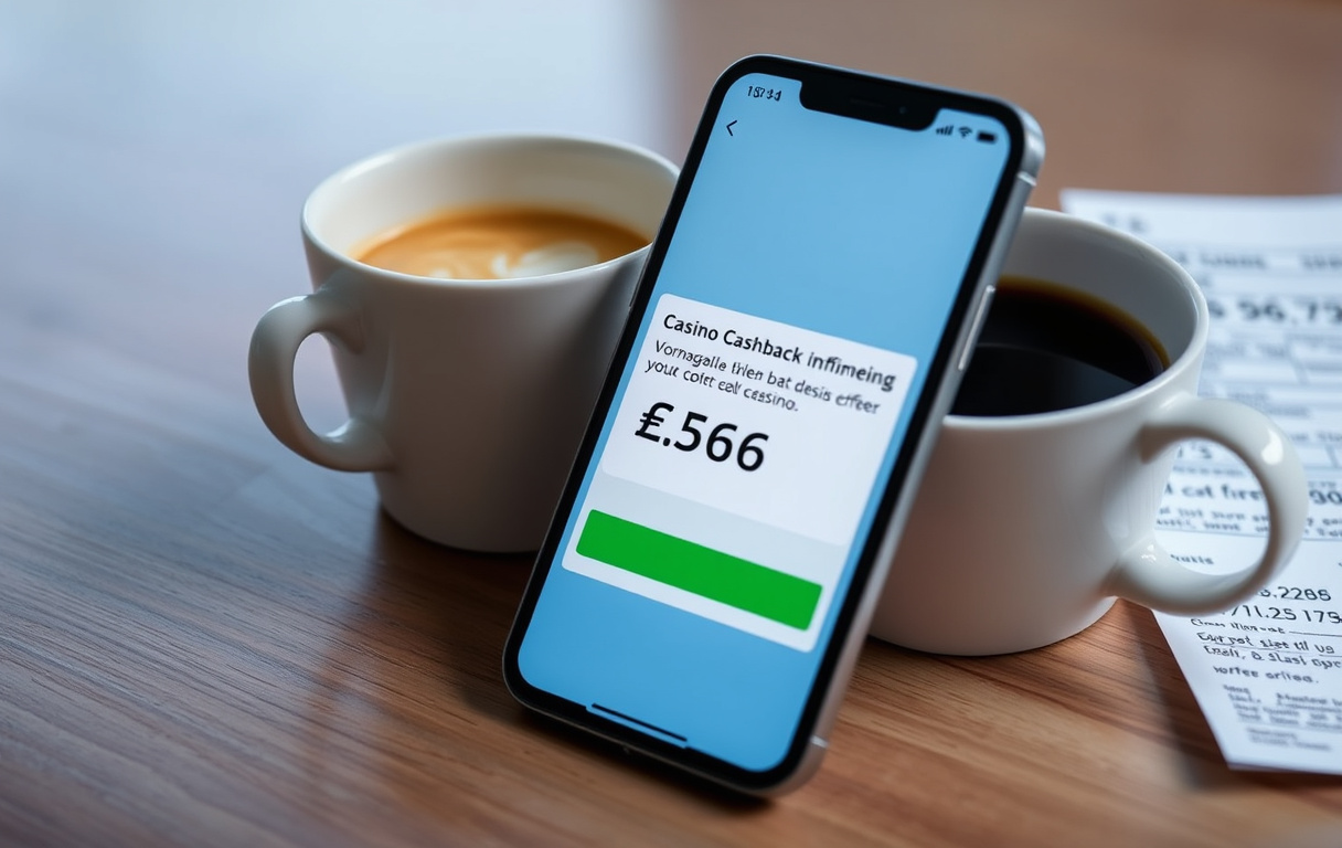 Smarttelefon som viser cashback-varsel fra et casino, med norske kroner og kaffekopp på bordet.