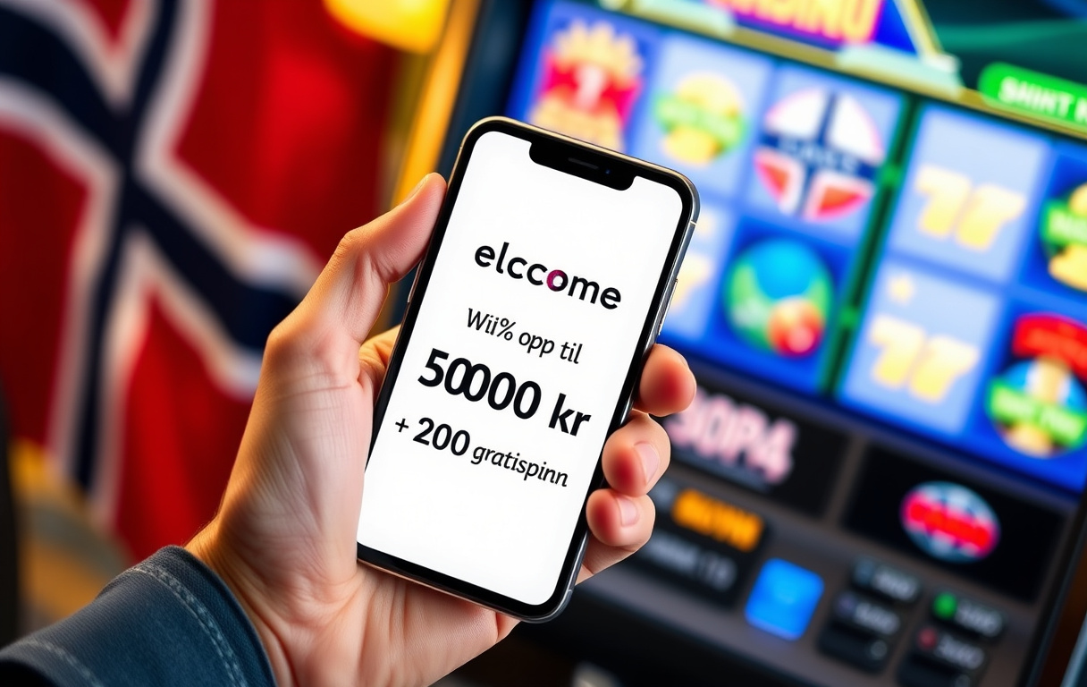 Smarttelefon med norsk casino bonus-tilbud på skjermen, 100% opptil 5000 kr og 200 gratisspinn.