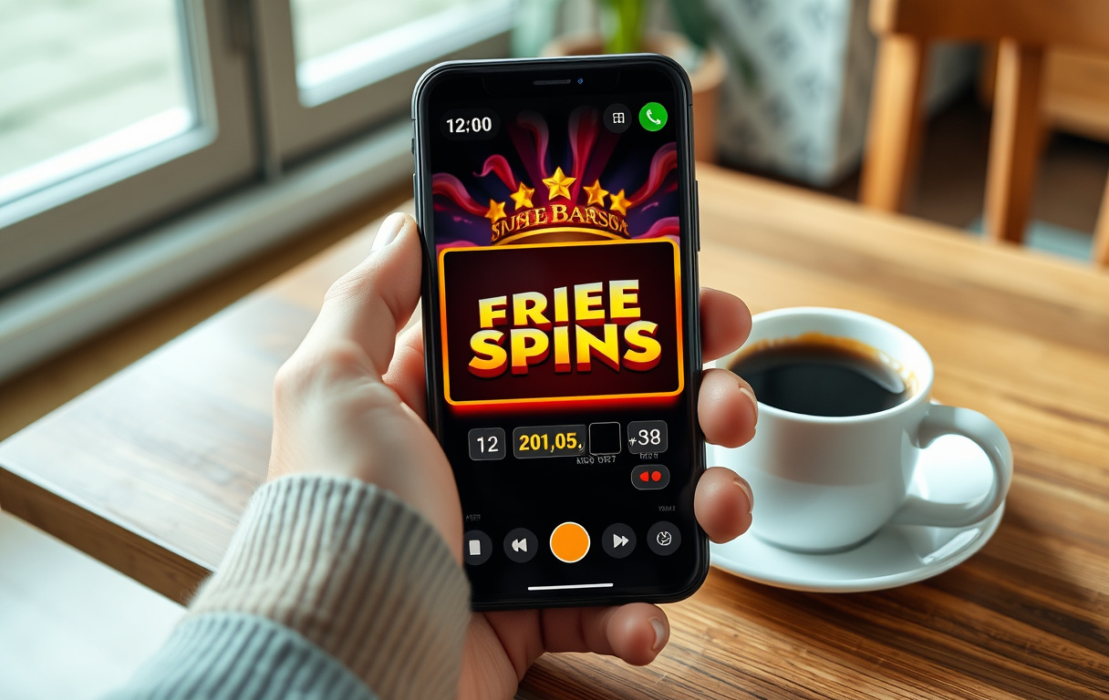 Person med mobiltelefon som viser freespins-bonus på en spilleautomat, kaffekopp ved siden av.