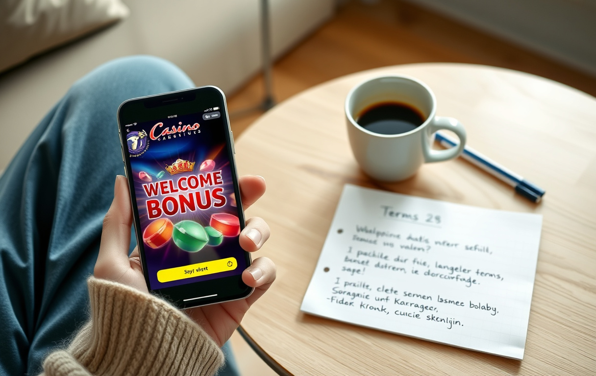 Norsk spiller med smarttelefon som viser velkomstbonus, kaffekopp og notatblokk med vilkår.