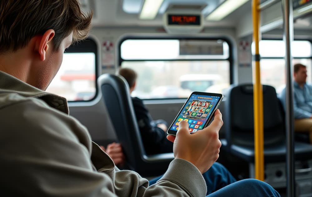 Person som spiller spilleautomater på mobil i bussen
