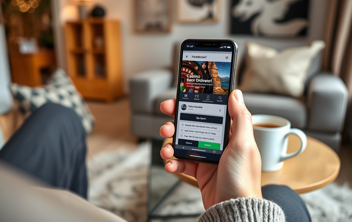 Person som holder en mobiltelefon med bekreftelse på uttak fra et nettcasino, i en norsk stue
