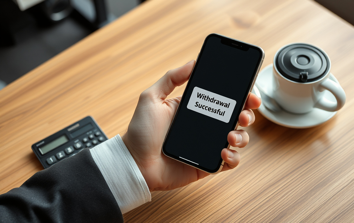Person som tar ut gevinster fra casino på mobilen, med bekreftelse på skjermen.