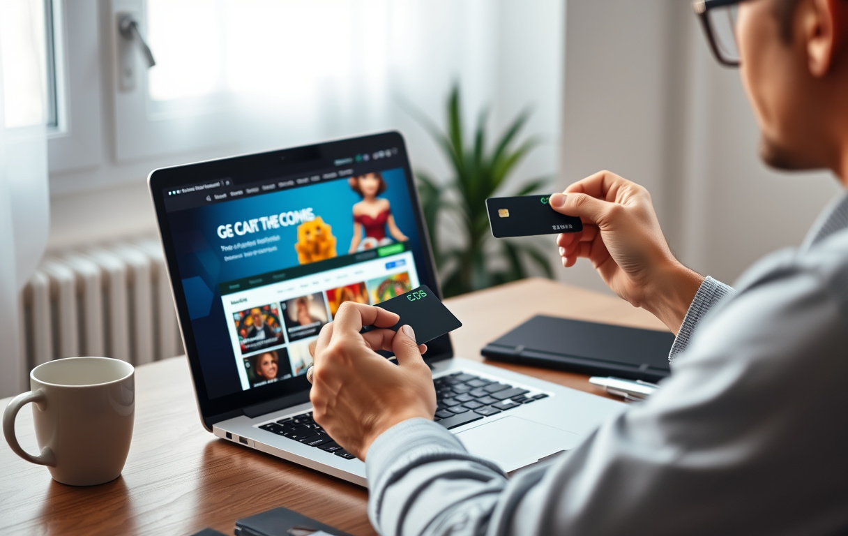 Person som sammenligner casinoer på laptop med kredittkort og notatbok