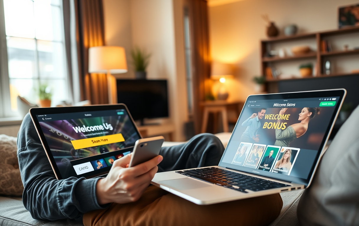 En person som spiller på nettcasino med mobil og datamaskin, illustrerer casinospill hjemme.
