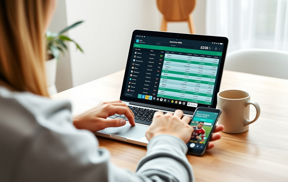 Person som sammenligner odds på bettingsider på laptop og mobil.