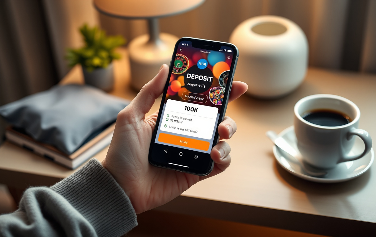 En person holder en mobiltelefon med innskuddsskjerm på et casino, 100 NOK synlig.