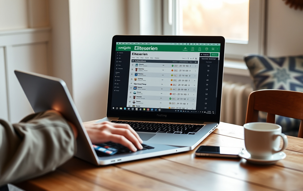 Norsk fotballfan som sjekker odds på laptop med kopp kaffe og mobiltelefon