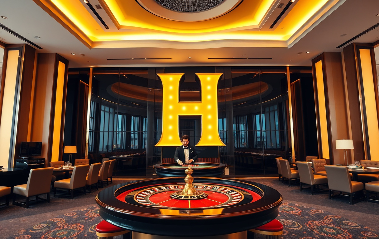 Highroller Casino innvendig med roulettebord og gylne detaljer i VIP-stil