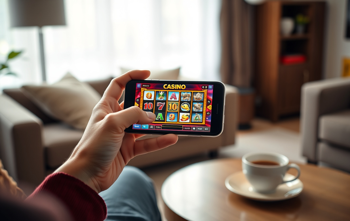 Person som spiller på mobilcasino i stuen