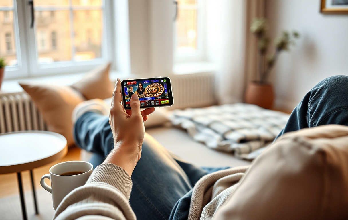 Person som spiller på mobilcasino i stua