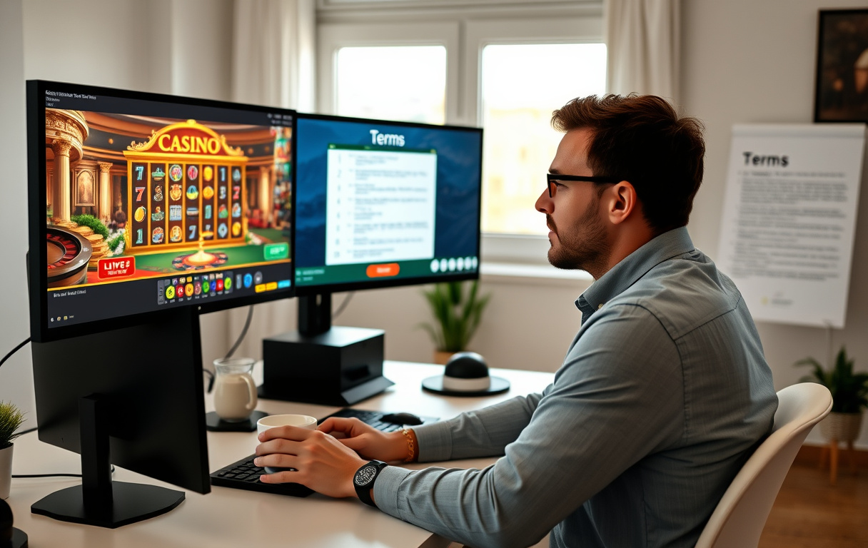 Person som sammenligner nettcasinoer på to skjermer med fokus på vilkår.