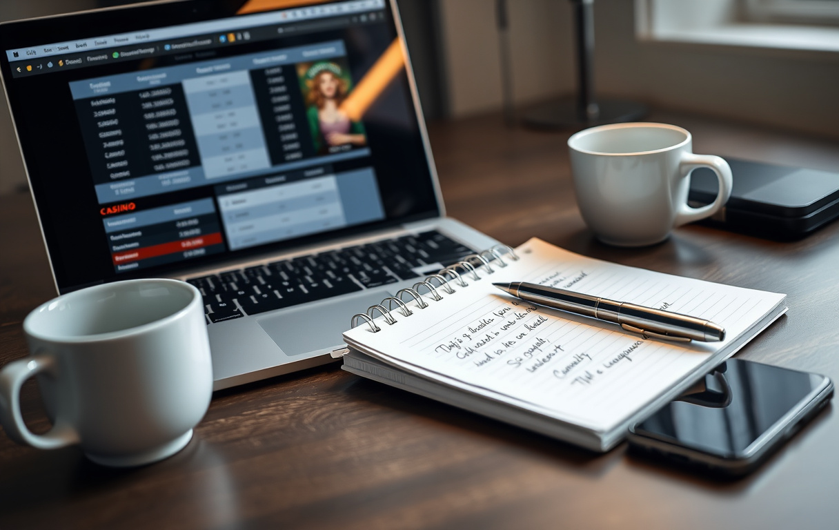 Sammenligning av norske casino på laptop med notater og kaffe