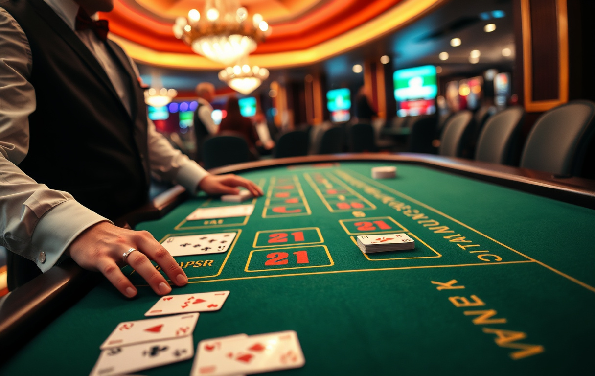 Live baccarat-bord med dealer og kortstokk i shoe