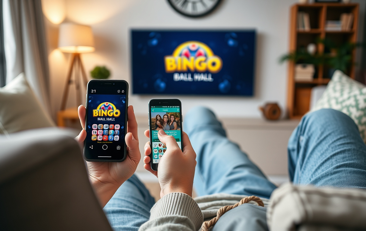 Person som spiller bingo på nett på mobilen hjemme i stuen, med logo fra en norsk bingohall i bakgrunnen
