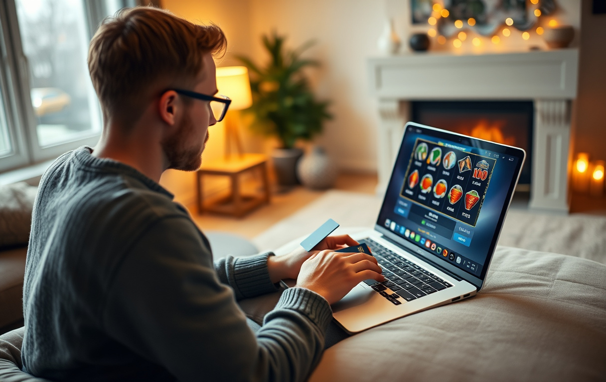 En norsk spiller som setter inn penger på et nettcasino via en bærbar PC, i en stue med norsk interiørstil.