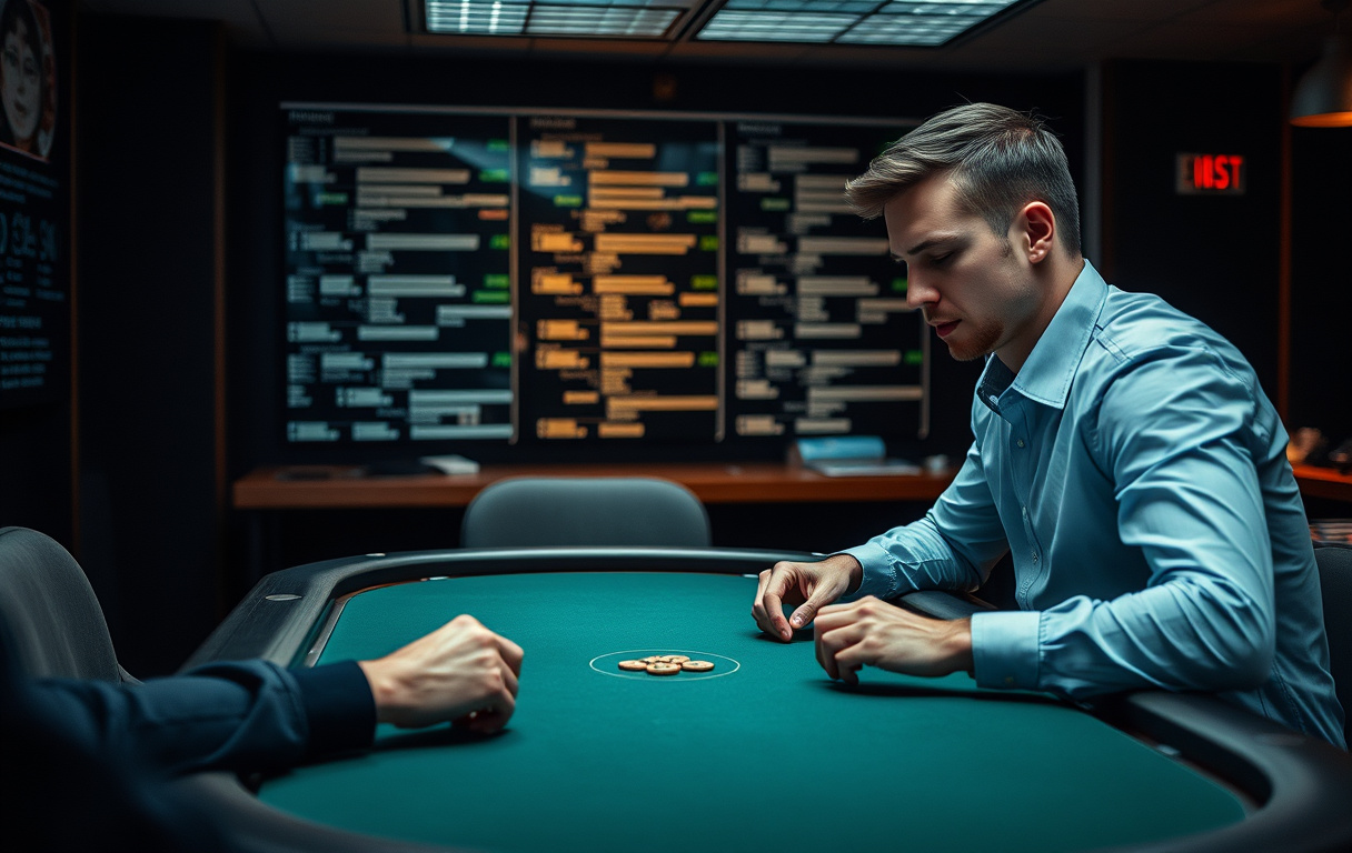 Norsk spiller som spiller poker på nett ved en datamaskin, med Hjelpelinjen-logo synlig i hjørnet.