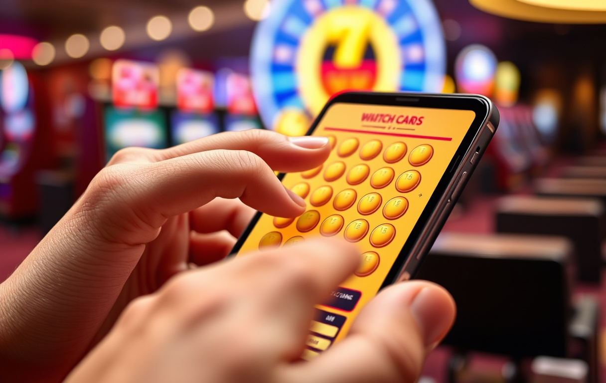 Hånd som skraper et digitalt skrapelodd på en mobilskjerm, med gevinstsymbol og mynter synlig